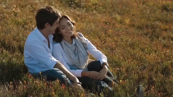 Casal sentado juntos no pitoresco prado — Vídeo de Stock