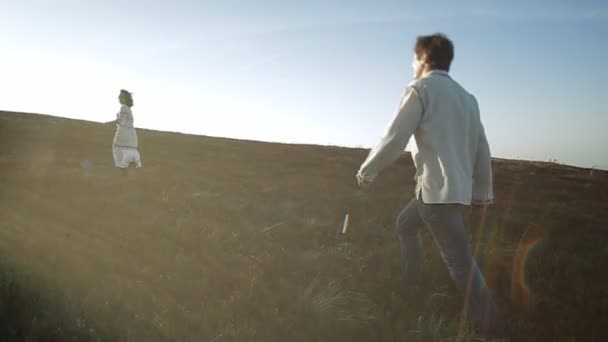 Пара в вышивке прогулка по живописному лугу — стоковое видео