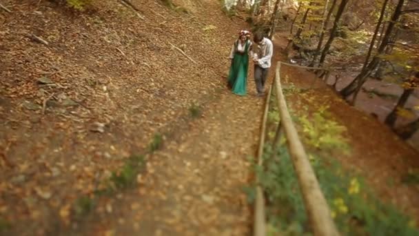 Couple in embroidery walking in forest — Stock Video