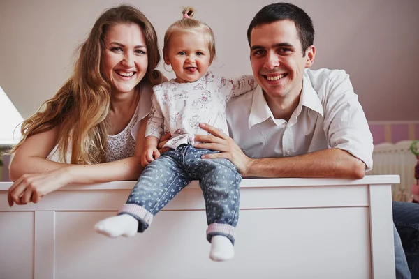 Beautiful family of three people, mom dad and daughter — Stock Photo, Image