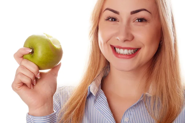 Healthy girl in diferent emotions, with green apple Royalty Free Stock Photos