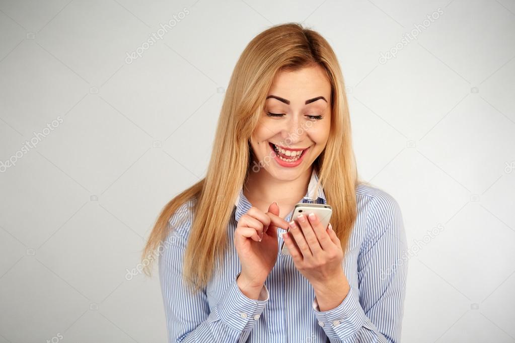 Healthy girl in diferent emotions, with phone