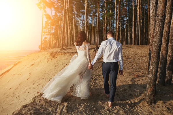 kumlu bir plaj üzerinde çalışan sadece evli çift