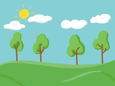 Parktaki ağaçların arka planında güneş, bulut ve mavi gökyüzü var..