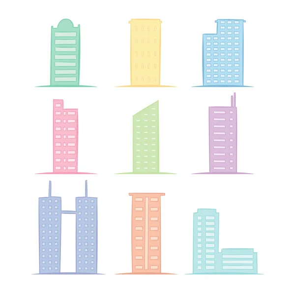 Набір Сучасного Офісу Висока Будівля Кольоровим Малюнком Іконки Інфографічний Дизайн — стоковий вектор
