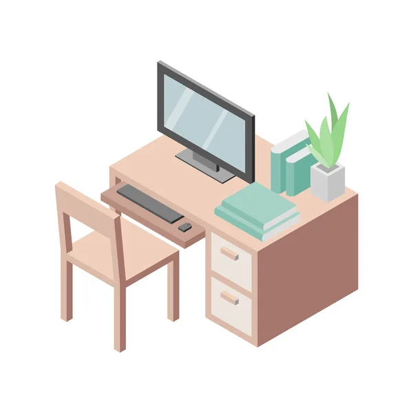 Conjunto Muebles Mesa Trabajo Silla Mesa Computadora Teclado Libros Estante — Vector de stock