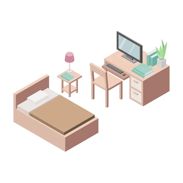 Set Arbeitstisch Neben Dem Bett Arbeit Von Hause Aus Isometrischer — Stockvektor