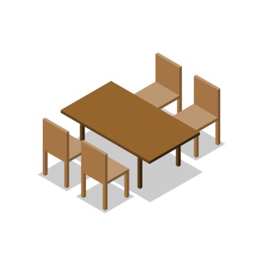 Yemek ya da Kafe Ahşap Mobilya seti, Masalı Dört Sandalye. İzometrik Çizim Vektörü.
