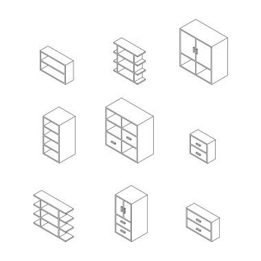 Mobilya seti, dolaplar ve camlı dolap. Özet Isometric Çizim Vektörü.