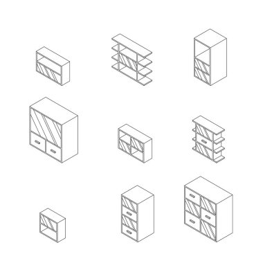Mobilya seti, dolaplar ve camlı dolap. Özet Isometric Çizim Vektörü.