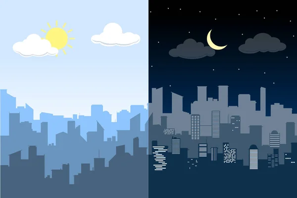 Random Blue City Skyline Vector Difference Day Night — Stock Vector