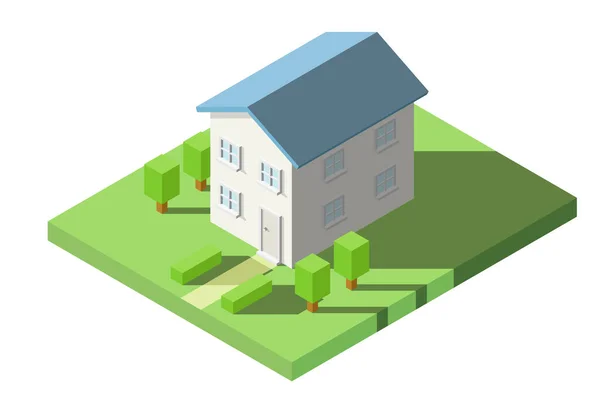 Vektor Isometrie Des Hauses Auf Dem Gras Mit Garten Für — Stockvektor