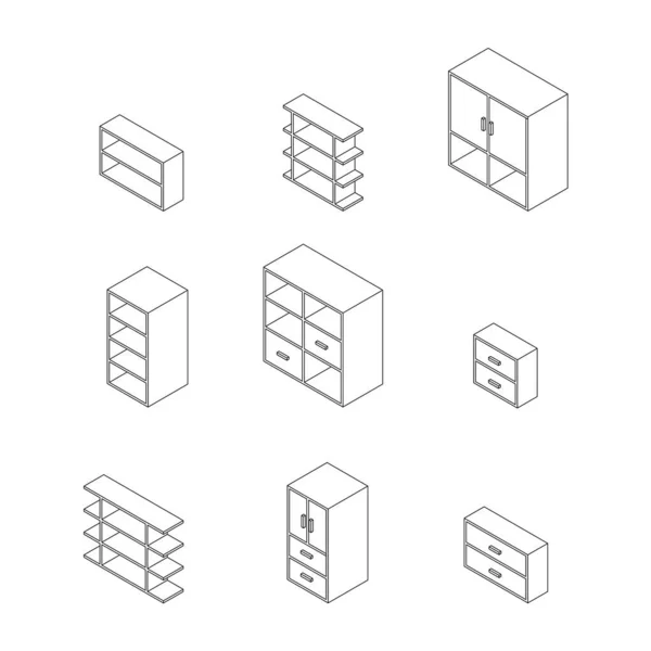 Mobilya seti, dolaplar ve camlı dolap. Özet Isometric Çizim Vektörü.
