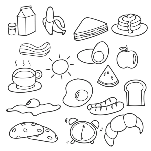 Set Mano Disegno Prima Colazione Doodle Vettoriale — Vettoriale Stock