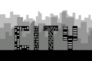 Black random building skyline as a word 'CITY'. Vector on white background.