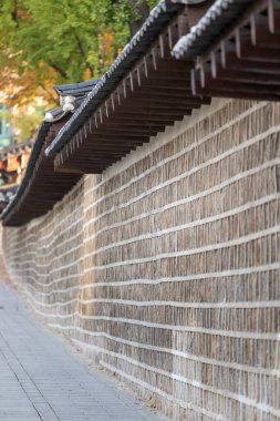 Deoksugung Stonewall Yürüyüşü güzel sonbahar yapraklarıyla. Güney Kore, Seul 'deki Deoksugung Sarayı' nın yanındaki yaya yolu.