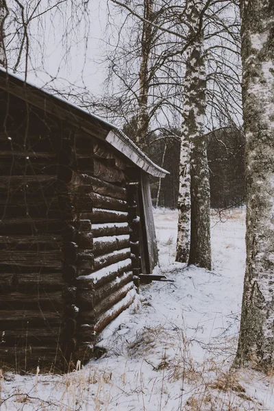 Maison de campagne d'une ferme dans le champ neigeux — Photo