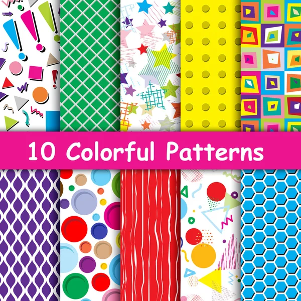 Set van 10 kleurrijke naadloze geometrische patronen — Stockvector