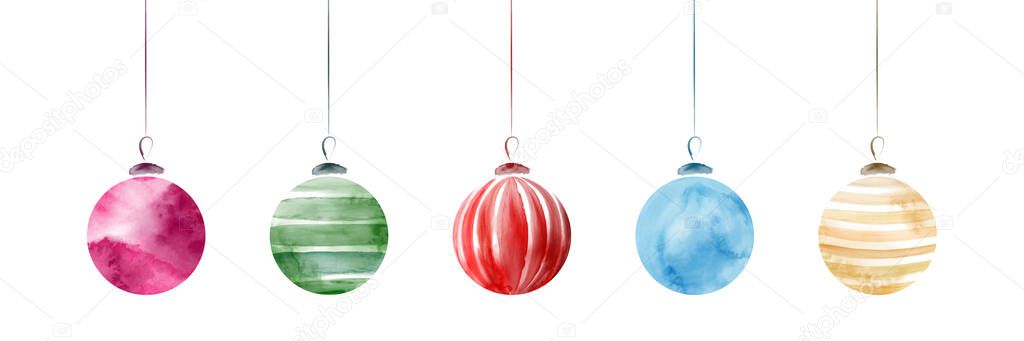 Set of creative elegant christmas balls with watercolor hand-painted