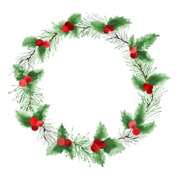 Couronne Noël Aquarelle Avec Branches Pin Baies Rouges — Image vectorielle