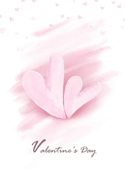 背景に手描きの水彩スプラッシュテクスチャでピンクのダブルハート形 バレンタインデー グリーティングカード または結婚式を飾るのに最適です — ストックベクタ