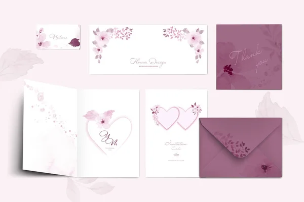 Conjunto Plantilla Tarjeta Color Rosa Pastel Con Flores Hojas Acuarela — Vector de stock