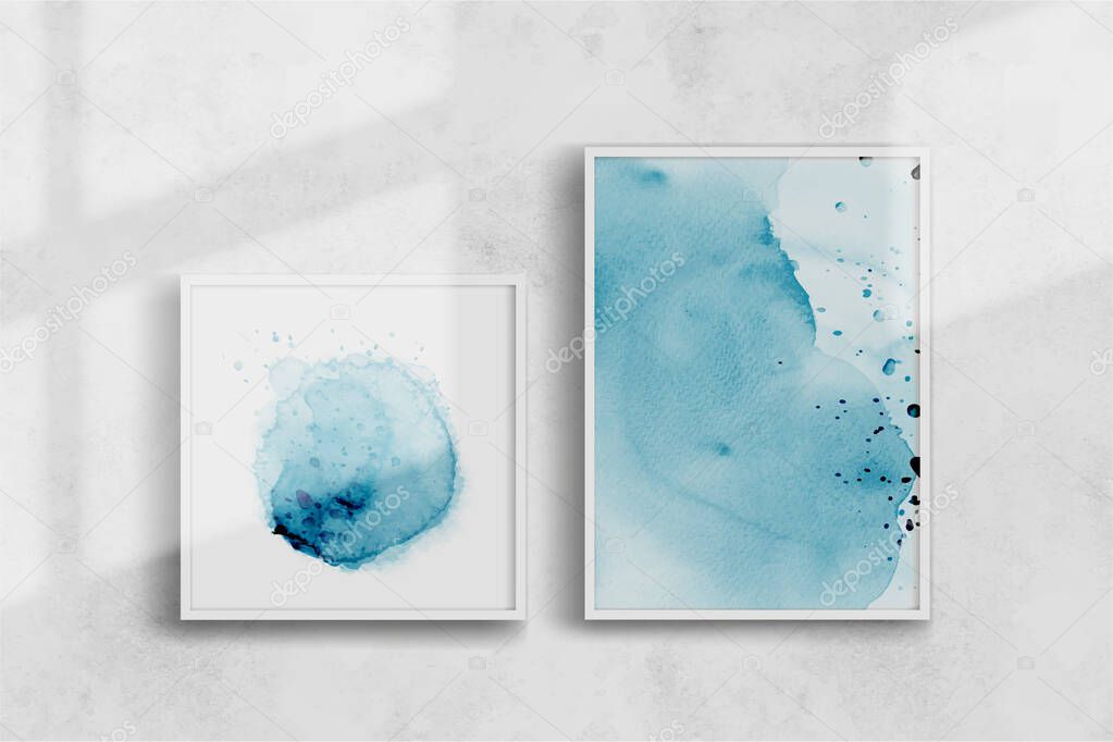 Abstract creative blue watercolor hand-painted illustration set. Presented on a wall with shade passing through perfect for designing wall decorations, postcards, or brochures.