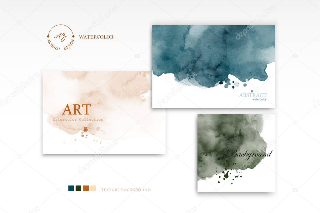 Set of creative cards with stains watercolor style. Artistic hand-painted vectors can be used to decorate cover, greeting cards, postcard, brochures, invitation, or banner.