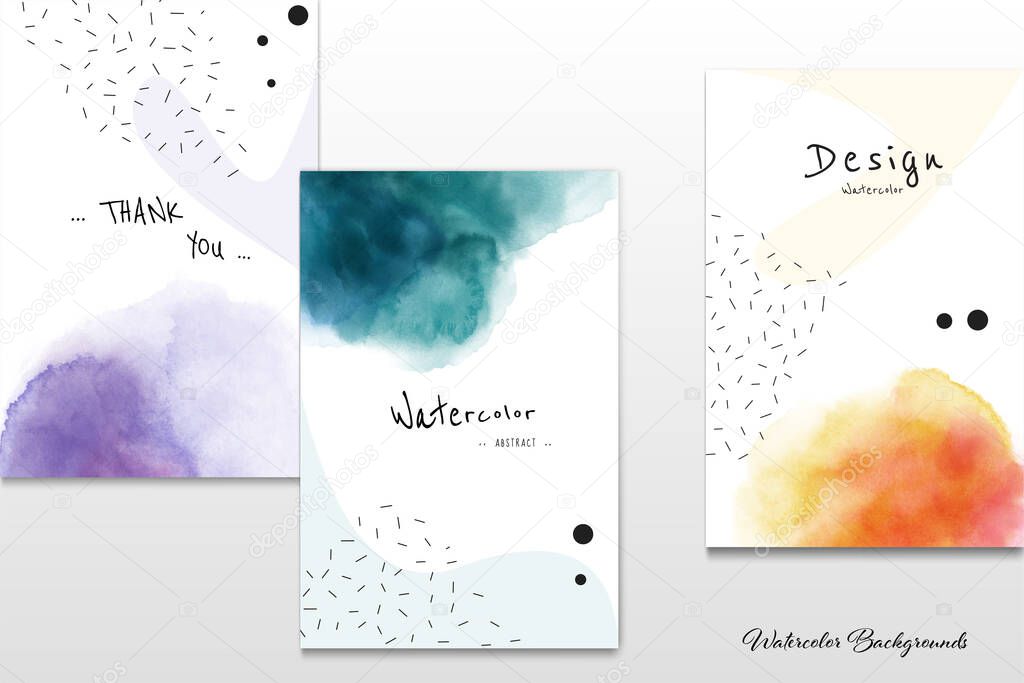 Set of creative cards with colorful stains watercolor style. Artistic hand-painted vectors can be used to decorate cover, postcard, brochures, invitation, or banner.