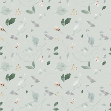 Suluboya yapraklı kusursuz desen. Yeşil zemin üzerine elle boyanmış doğal yapraklar ve çiçek suluboya. Düğün, kartpostallar, ambalajlar, kumaşlar veya duvar kağıtları için mükemmel..