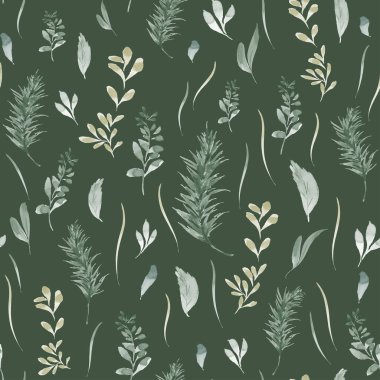 Suluboya yapraklı kusursuz desen. Yeşil zemin üzerine elle boyanmış doğal yapraklar. Düğün, kartpostallar, ambalajlar, kumaşlar veya duvar kağıtları için mükemmel..