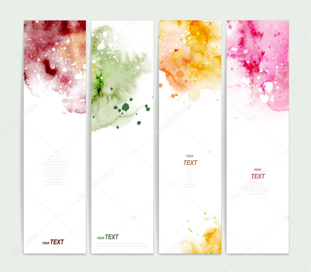 Set of four varicolored banners, abstract headers get creative with bright watercolor splashes.