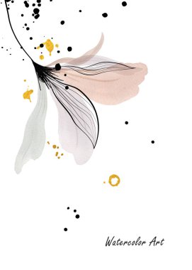 Suluboya sanat davetiyesi. Altın çiçeklerle süslenmiş doğal bir çiçek. Beyaz arka planda el yapımı botanik suluboya resim. fırça dosyaya dahil.