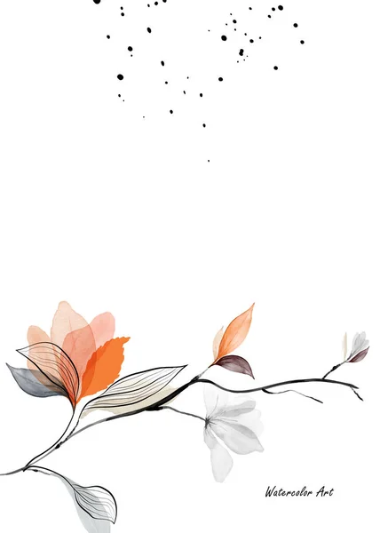 Akvarell Természetes Művészet Meghívó Kártya Ágak Levelek Narancs Virágok Művészet — Stock Vector