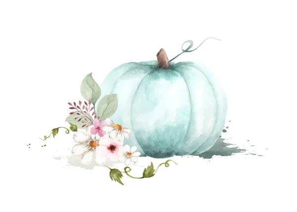Hösten Akvarell Illustration Med Pumpor Och Blommor Blad Isolerade Vit — Stock vektor