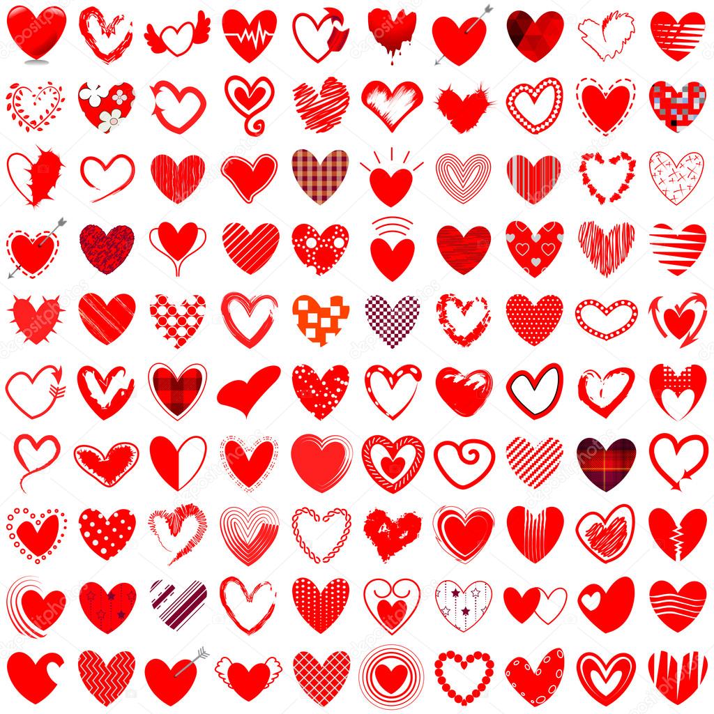 100 Heart icons hand drawn vector illustration