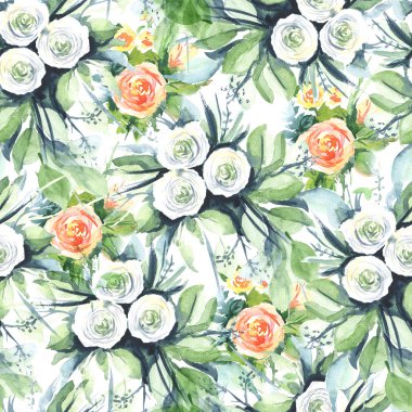 Watercolor seamless pattern with flowers: blue, purple, white. Abstract floral pattern. Bright and colorful background for textile, fabric, birthday card, wedding invitation, etc.