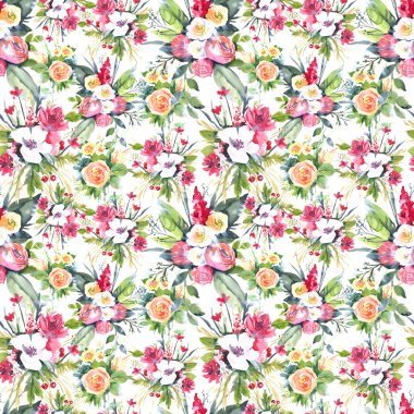 Watercolor seamless pattern with flowers: blue, purple, white. Abstract floral pattern. Bright and colorful background for textile, fabric, birthday card, wedding invitation, etc.