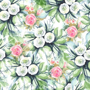 Watercolor seamless pattern with flowers: blue, purple, white. Abstract floral pattern. Bright and colorful background for textile, fabric, birthday card, wedding invitation, etc.