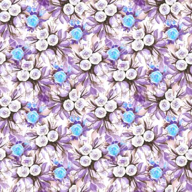 Watercolor seamless pattern with flowers: blue, purple, white. Abstract floral pattern. Bright and colorful background for textile, fabric, birthday card, wedding invitation, etc.
