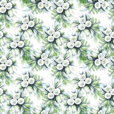 Watercolor seamless pattern with flowers: blue, purple, white. Abstract floral pattern. Bright and colorful background for textile, fabric, birthday card, wedding invitation, etc.