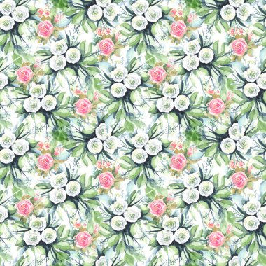 Watercolor seamless pattern with flowers: blue, purple, white. Abstract floral pattern. Bright and colorful background for textile, fabric, birthday card, wedding invitation, etc.