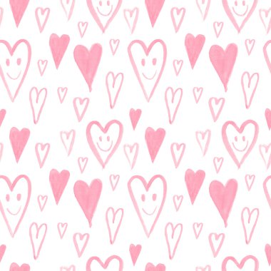 Hand drawn pattern with smiling hearts. Cartoon background. Romantic pattern. Love hearts smiley face. Valentine's day. 14 february, wedding