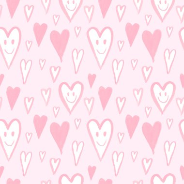 Hand drawn pattern with smiling hearts. Cartoon background. Romantic pattern. Love hearts smiley face. Valentine's day. 14 february, wedding