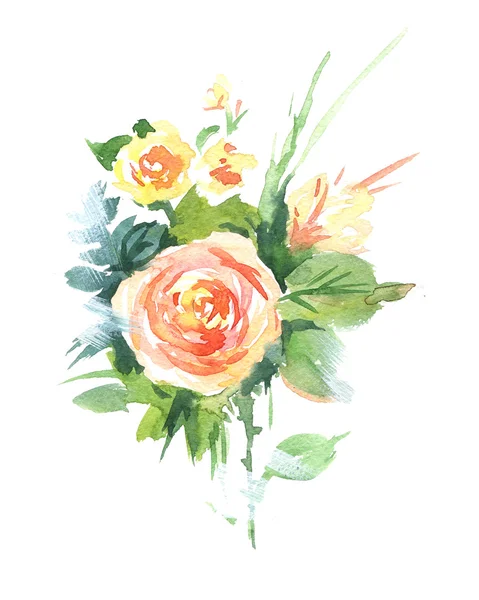 Watercolor flower illustration: pink flower, red berries and green leaves. Bright bouquet composition. Colorful picture for greeting, birthday, mother's, woman's day card, wedding invitation etc.