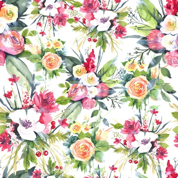 Watercolor seamless pattern with flowers: blue, purple, white. Abstract floral pattern. Bright and colorful background for textile, fabric, birthday card, wedding invitation, etc.