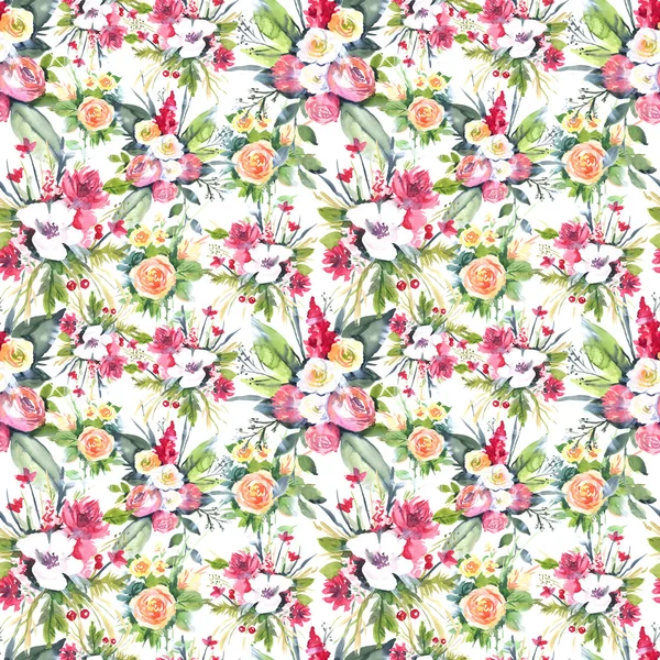 Watercolor seamless pattern with flowers: blue, purple, white. Abstract floral pattern. Bright and colorful background for textile, fabric, birthday card, wedding invitation, etc.