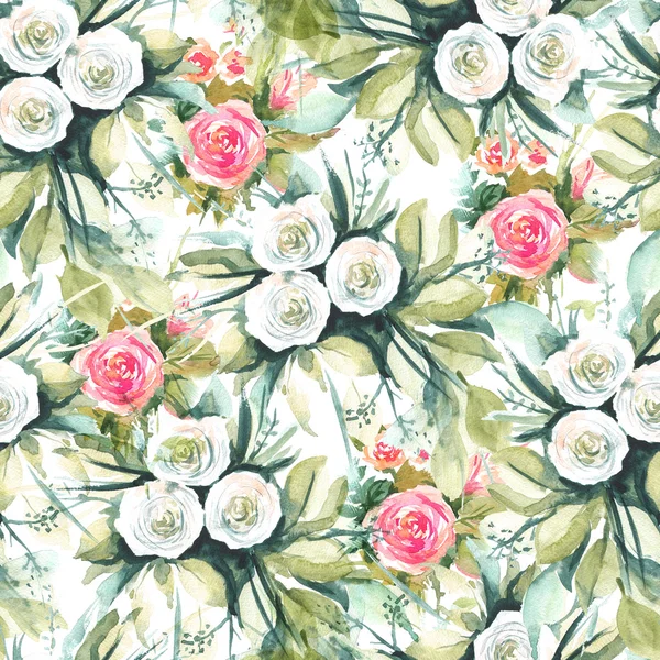 Watercolor seamless pattern with flowers: blue, purple, white. Abstract floral pattern. Bright and colorful background for textile, fabric, birthday card, wedding invitation, etc.