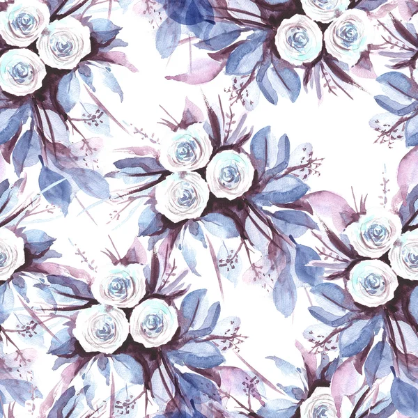 Watercolor seamless pattern with flowers: blue, purple, white. Abstract floral pattern. Bright and colorful background for textile, fabric, birthday card, wedding invitation, etc.