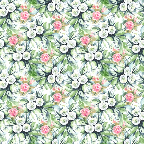 Watercolor seamless pattern with flowers: blue, purple, white. Abstract floral pattern. Bright and colorful background for textile, fabric, birthday card, wedding invitation, etc.